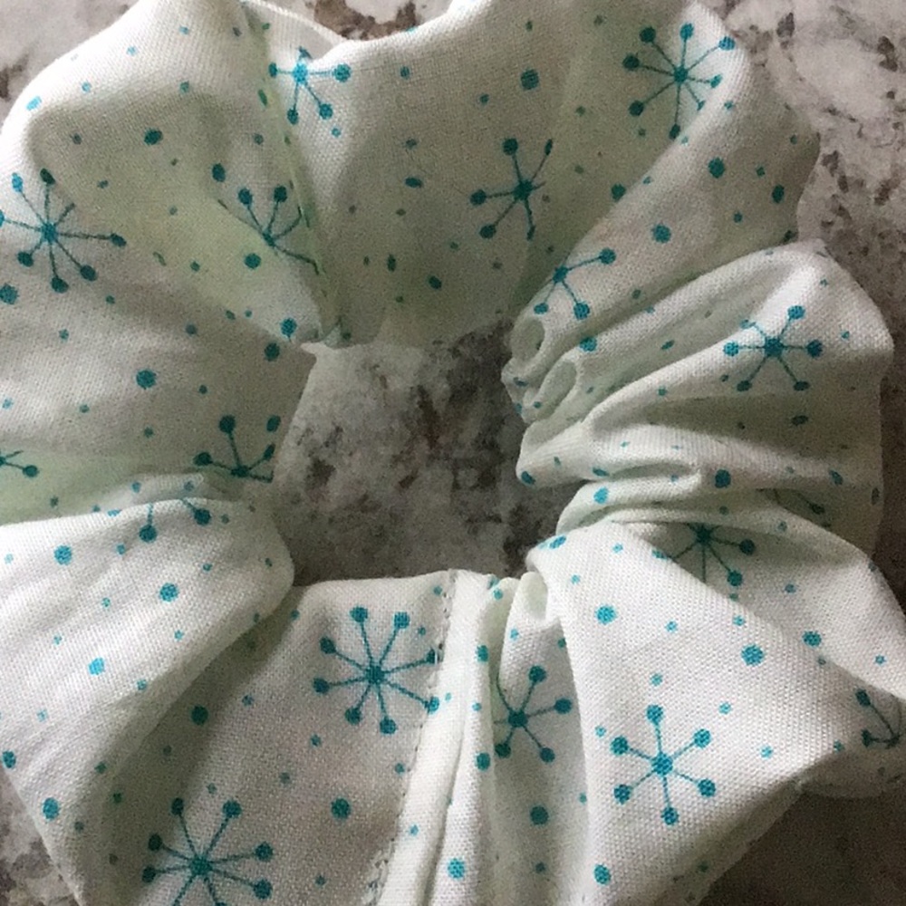 Turquoise white snowflakes stars hair scrunchie